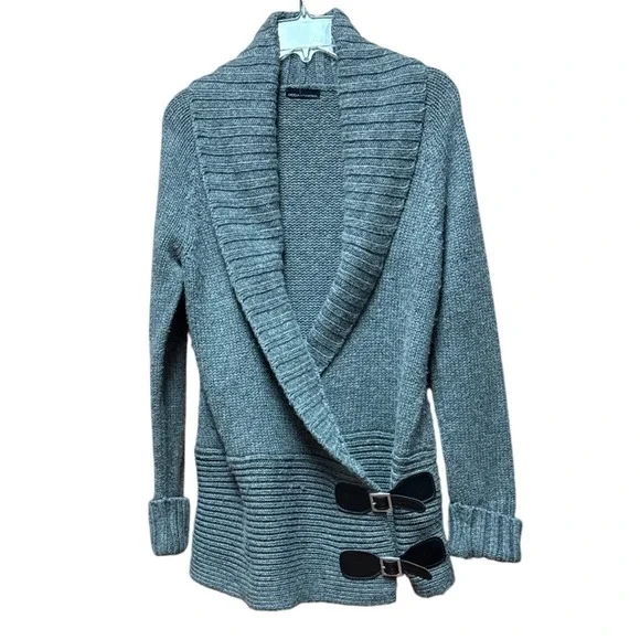 Moda International Wrap ShawlCollar Cardigan Women XS Gray Wool Blend Buckle Y2K - Picture 2 of 10